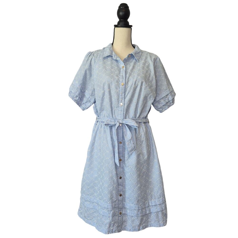 Draper James Blue White Stripe Eyelet Lace Puff Sleeve Belted Shirt Dress Sz XL